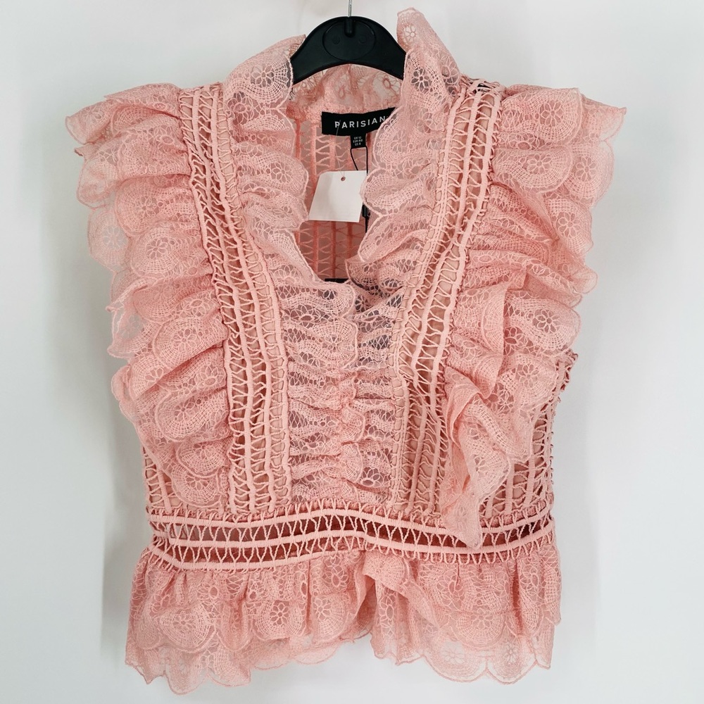 Pink Crochet Lace Sleeveless V-Neck Ruffle Peplum Top Blouse - Picture 11 of 12